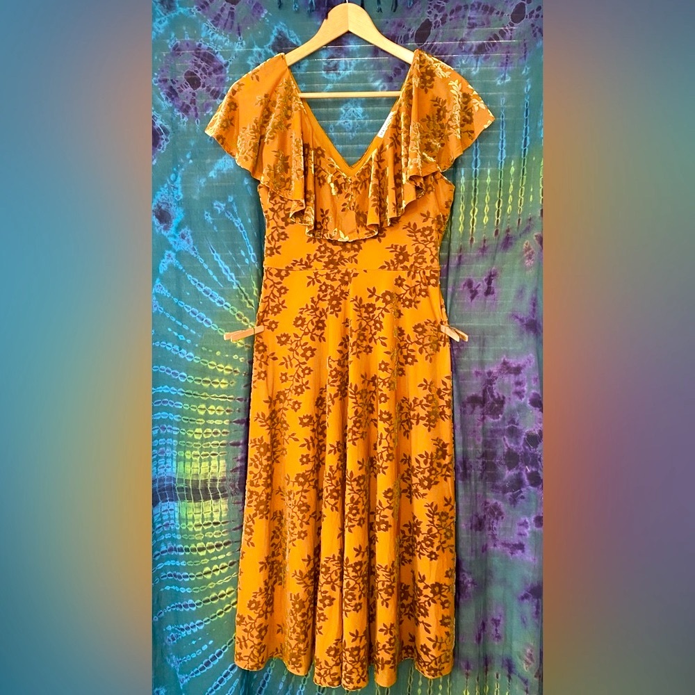 -Golden Yellow- Spirit of Grace- Midi Dress with V-Neck and Flutter Cap S…